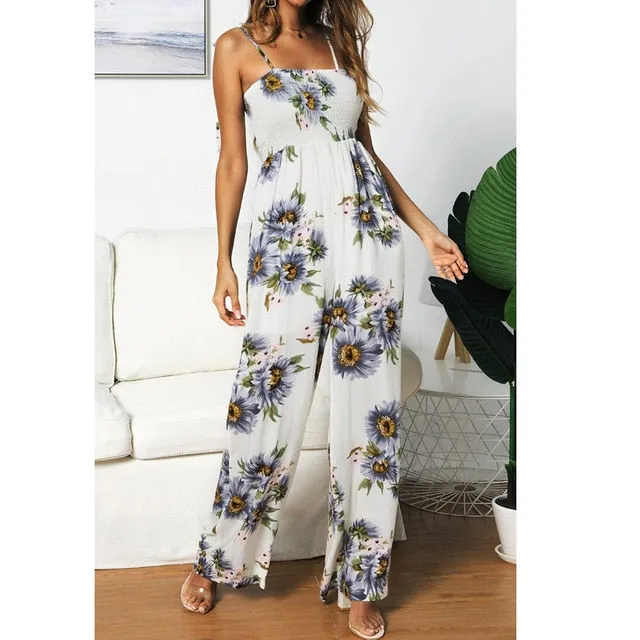 2019 MAXIORILL New Women Sunflower Dot Print Jumpsuit Sleeveless Clubwear Wide Leg Pant Spot Outfit Wholesale T3