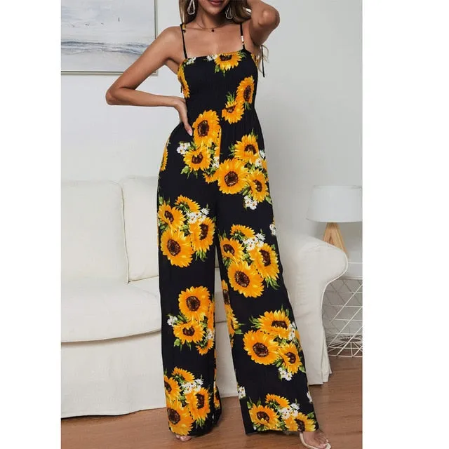 2019 MAXIORILL New Women Sunflower Dot Print Jumpsuit Sleeveless Clubwear Wide Leg Pant Spot Outfit Wholesale T3
