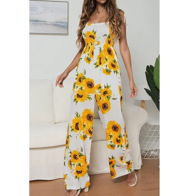 2019 MAXIORILL New Women Sunflower Dot Print Jumpsuit Sleeveless Clubwear Wide Leg Pant Spot Outfit Wholesale T3