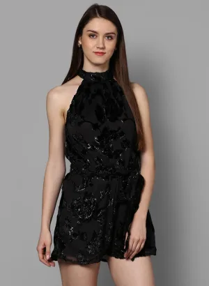 Black Georgette Romper with Tie-up Belt