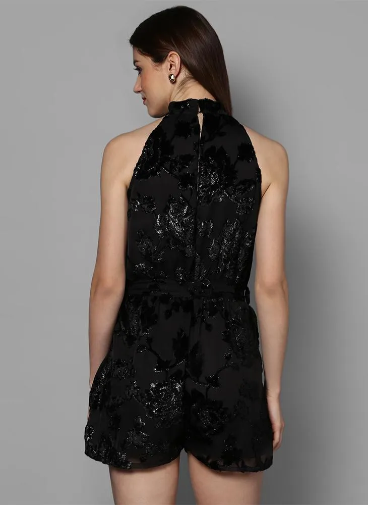 Black Georgette Romper with Tie-up Belt