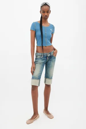 Blue Distressed Cuffed Denim Capri