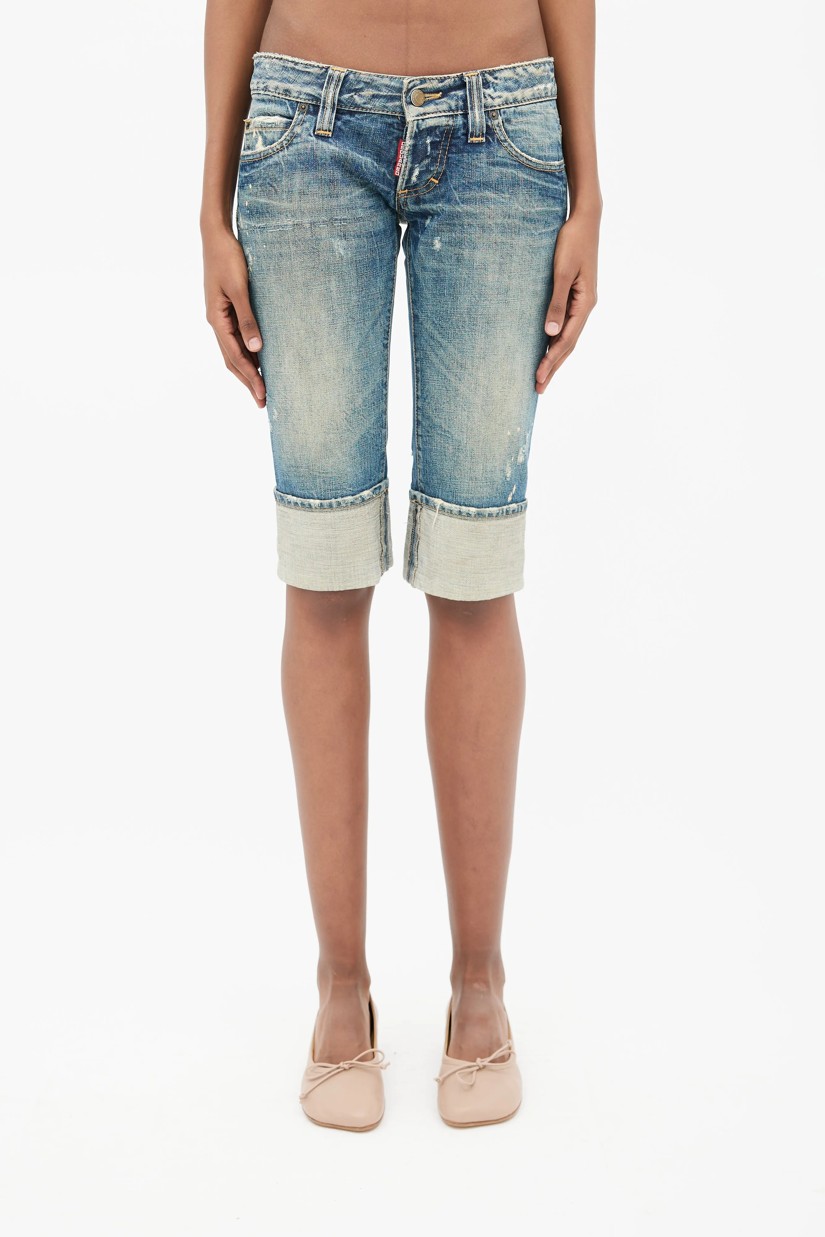 Blue Distressed Cuffed Denim Capri