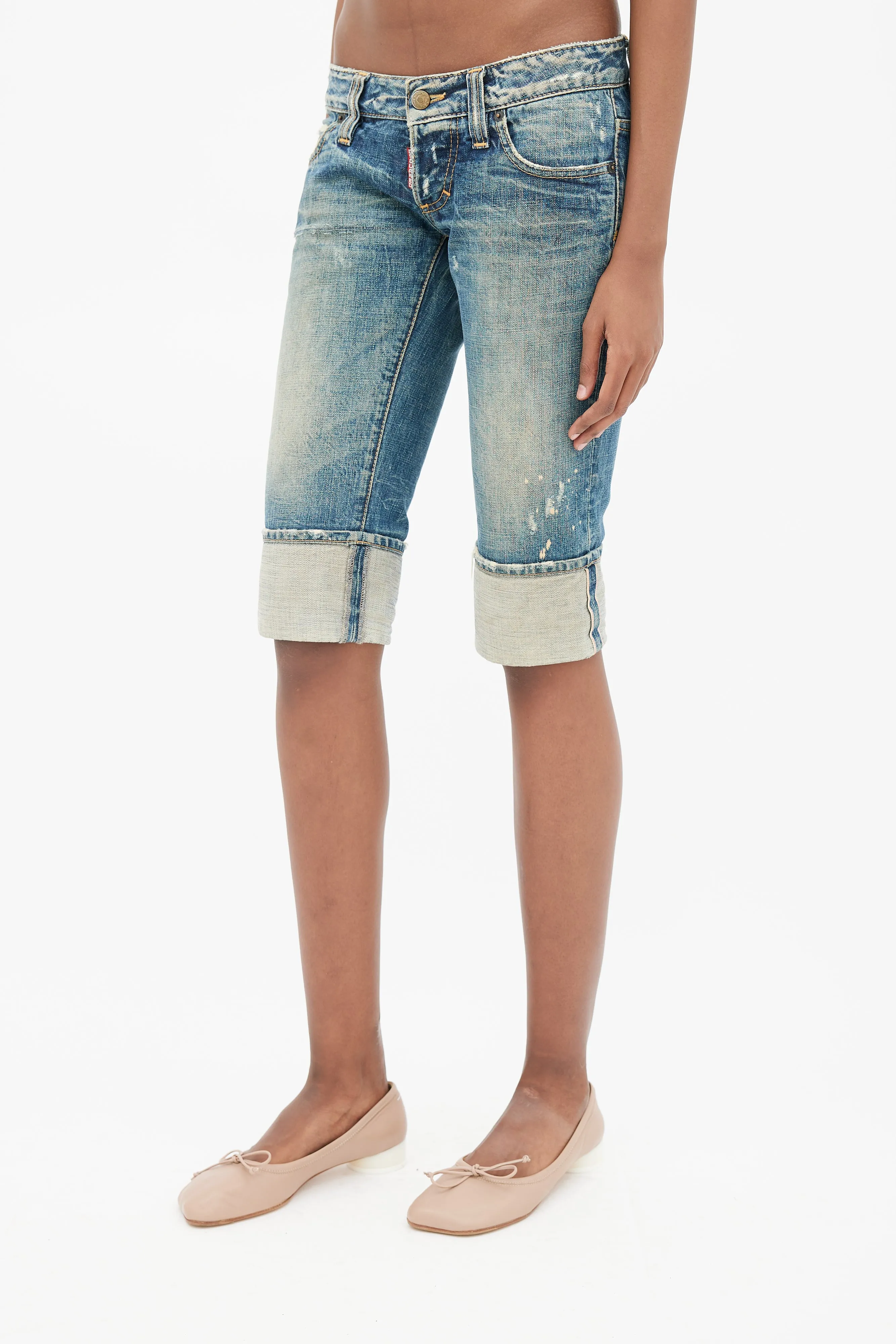 Blue Distressed Cuffed Denim Capri