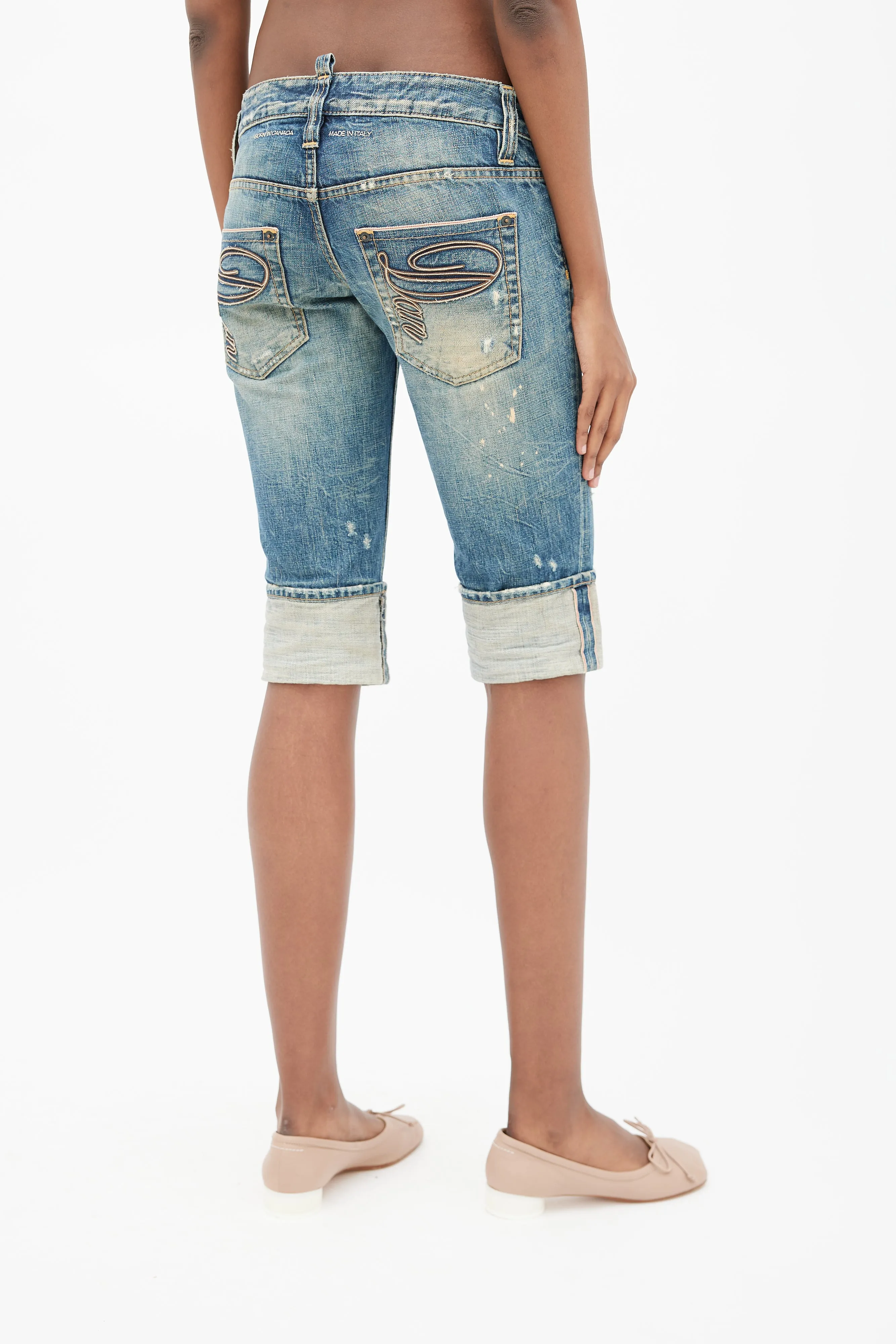 Blue Distressed Cuffed Denim Capri