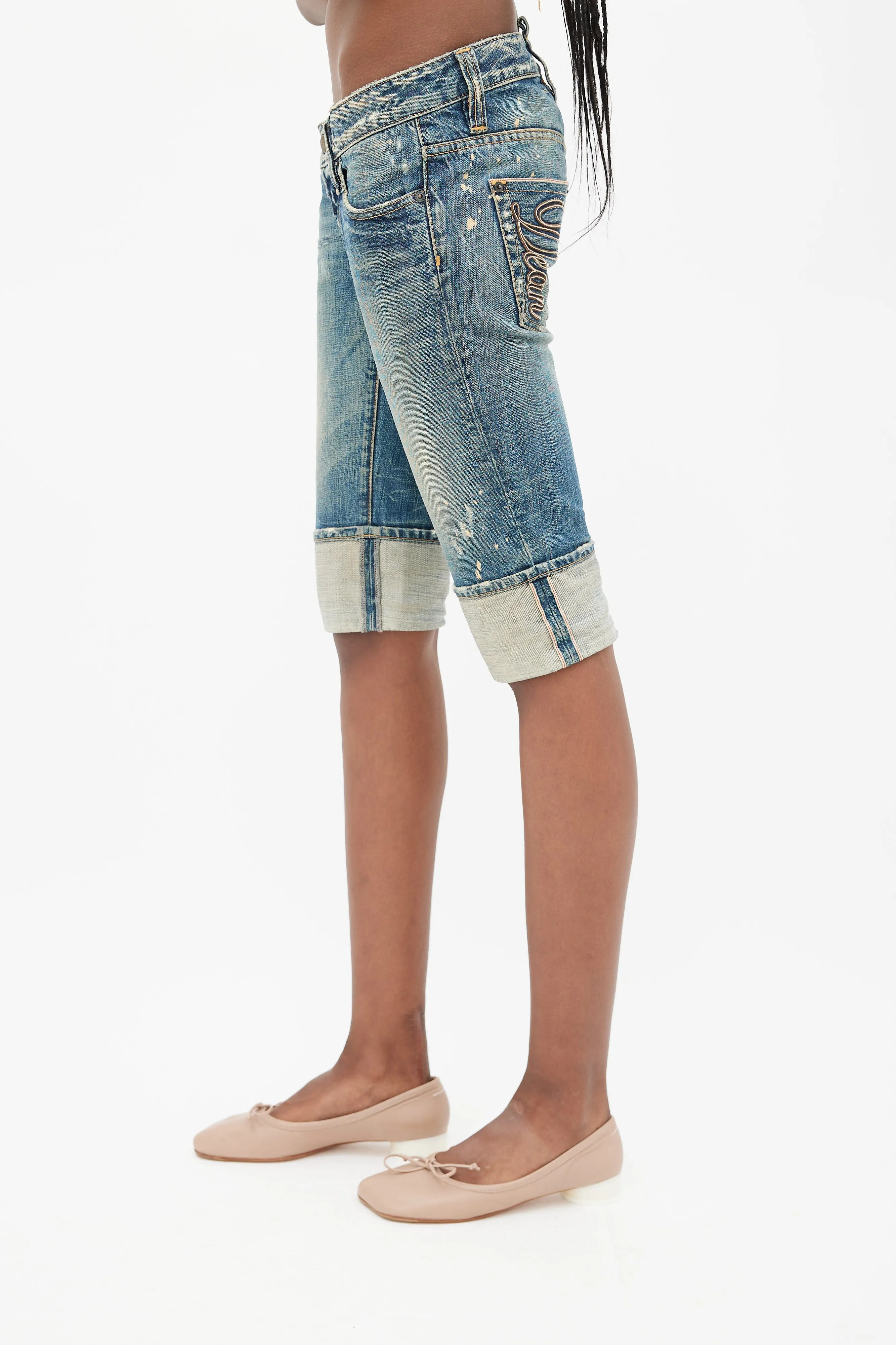 Blue Distressed Cuffed Denim Capri