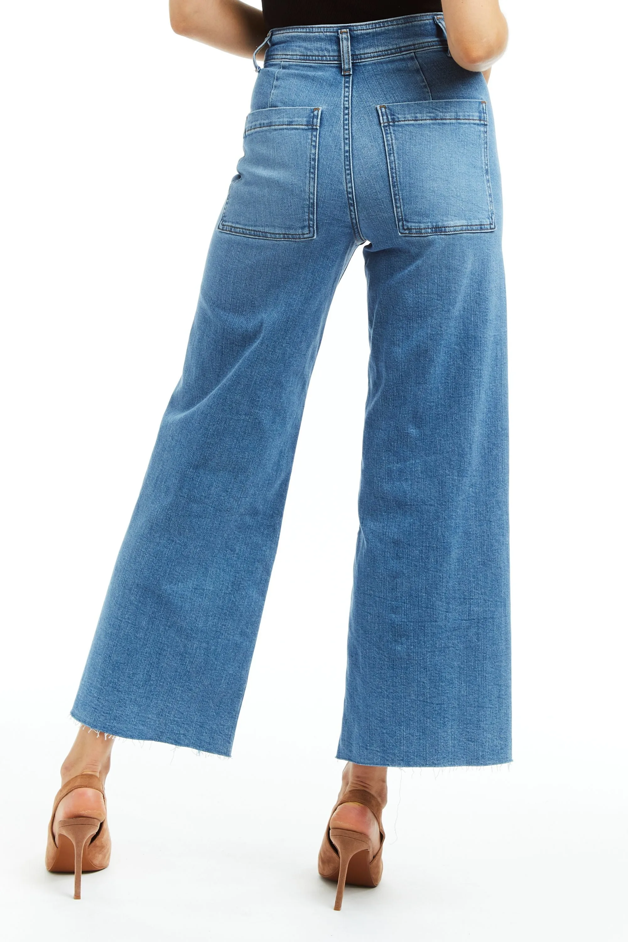 High Rise Flat Front Wide Leg Ankle Crop W Raw Hem Med Wash Stretch Indigo Denim