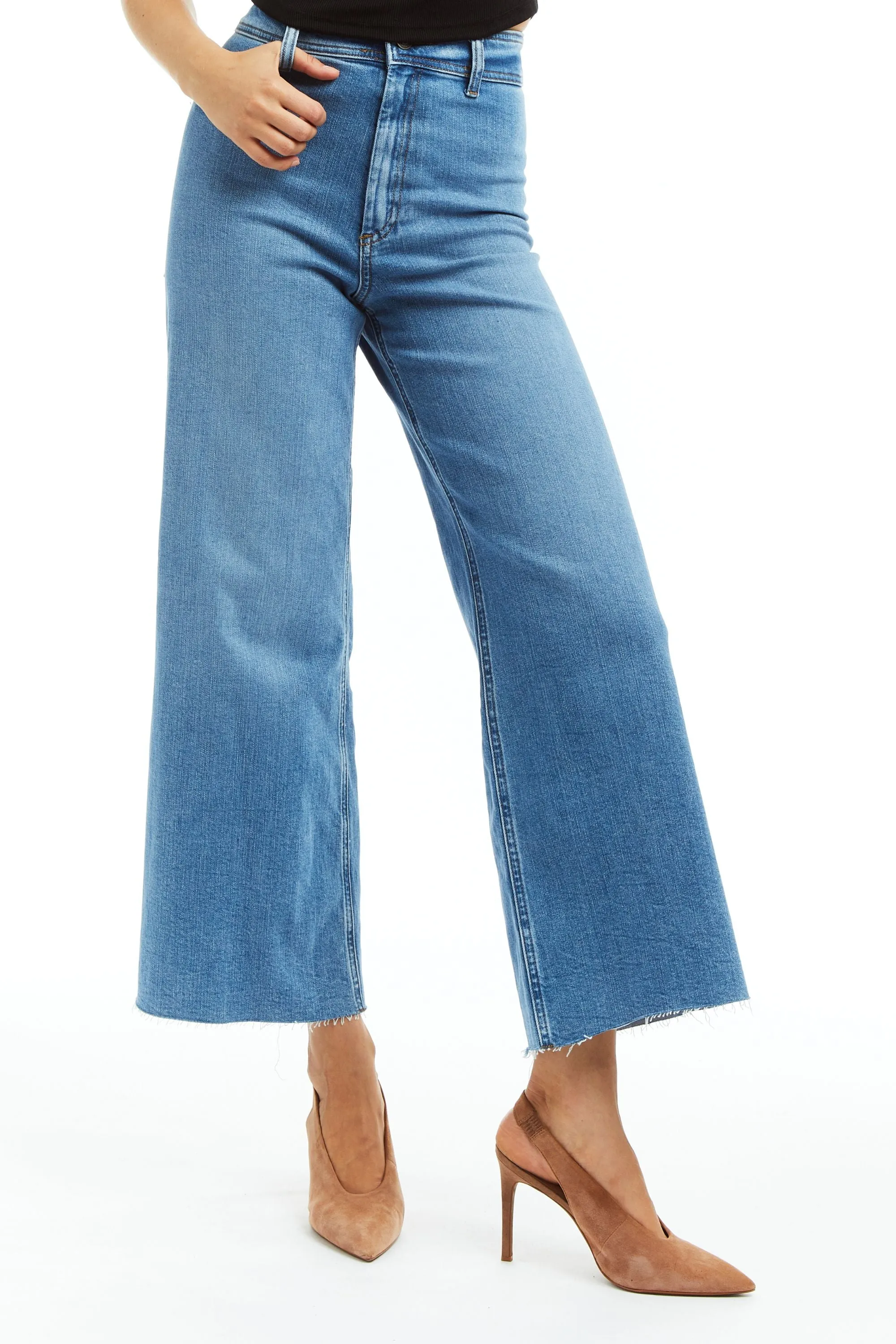 High Rise Flat Front Wide Leg Ankle Crop W Raw Hem Med Wash Stretch Indigo Denim