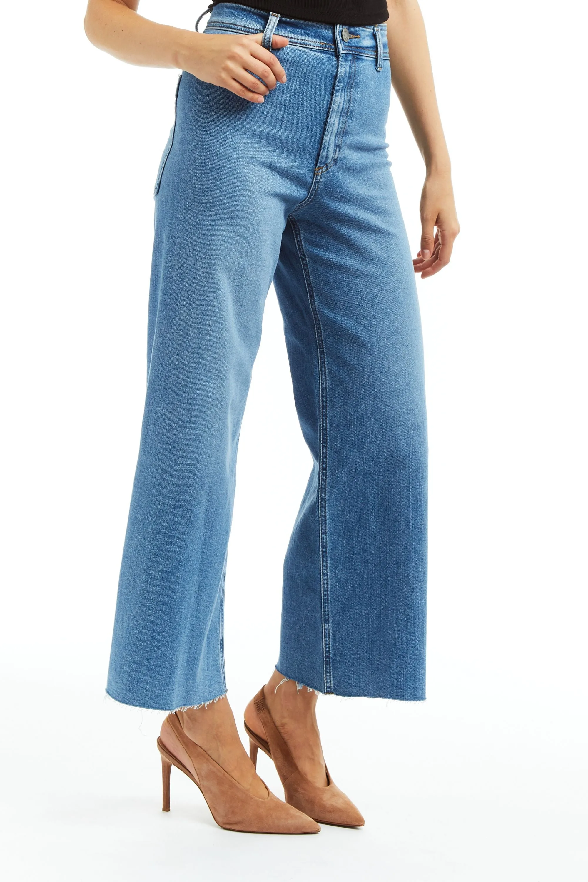 High Rise Flat Front Wide Leg Ankle Crop W Raw Hem Med Wash Stretch Indigo Denim