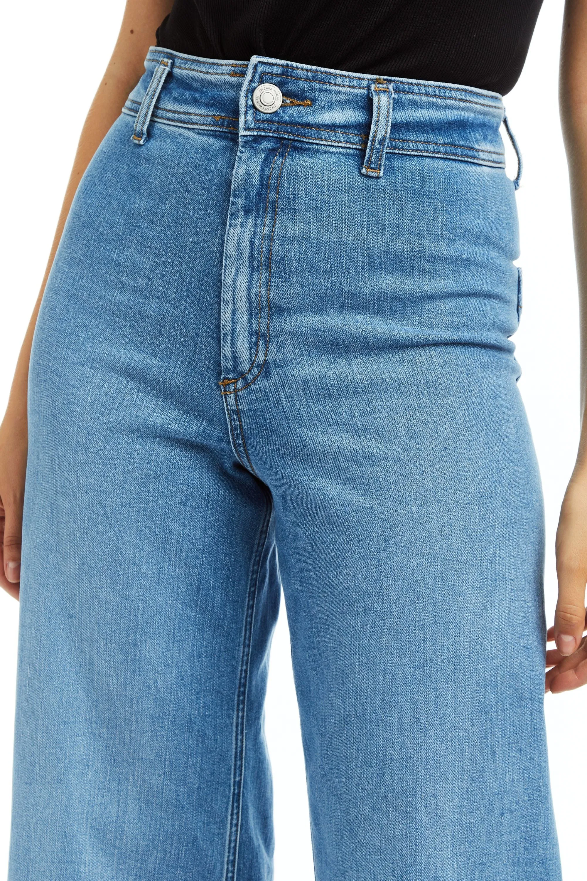 High Rise Flat Front Wide Leg Ankle Crop W Raw Hem Med Wash Stretch Indigo Denim