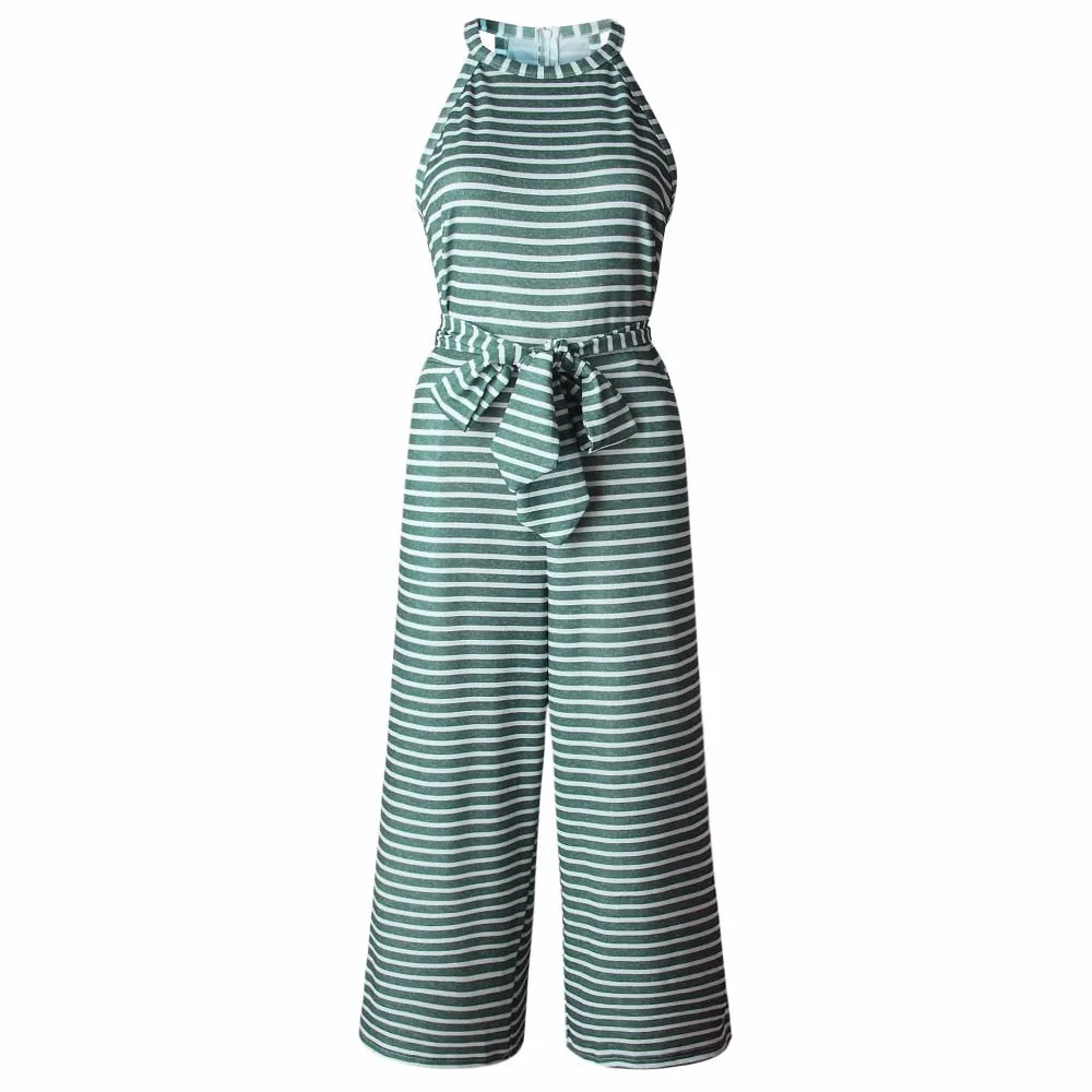 Jumpsuits for Women, Striped, Summer O-neck Bowknot Pants, Playsuit, Sashes, Pockets Sleeveless Rompers, Overalls, Sexy Office Lady