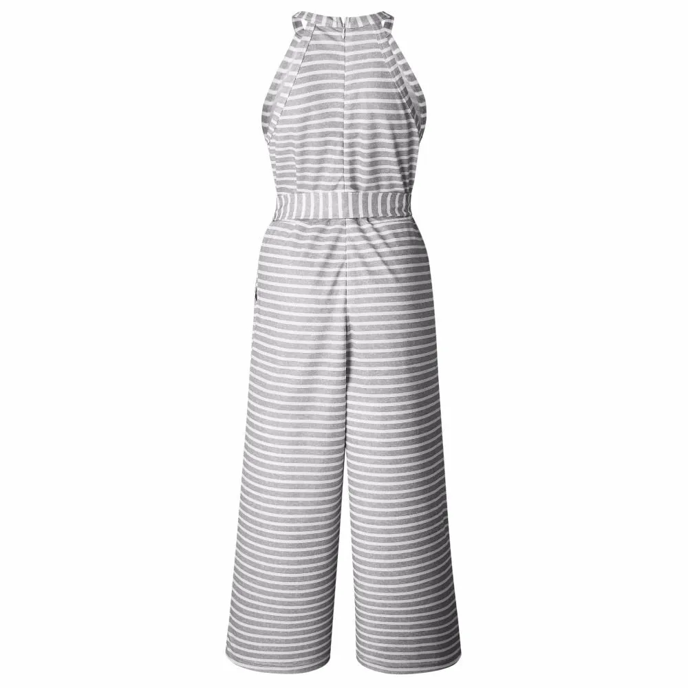Jumpsuits for Women, Striped, Summer O-neck Bowknot Pants, Playsuit, Sashes, Pockets Sleeveless Rompers, Overalls, Sexy Office Lady