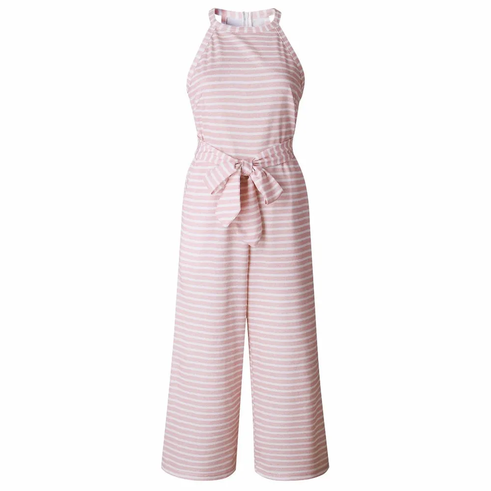 Jumpsuits for Women, Striped, Summer O-neck Bowknot Pants, Playsuit, Sashes, Pockets Sleeveless Rompers, Overalls, Sexy Office Lady