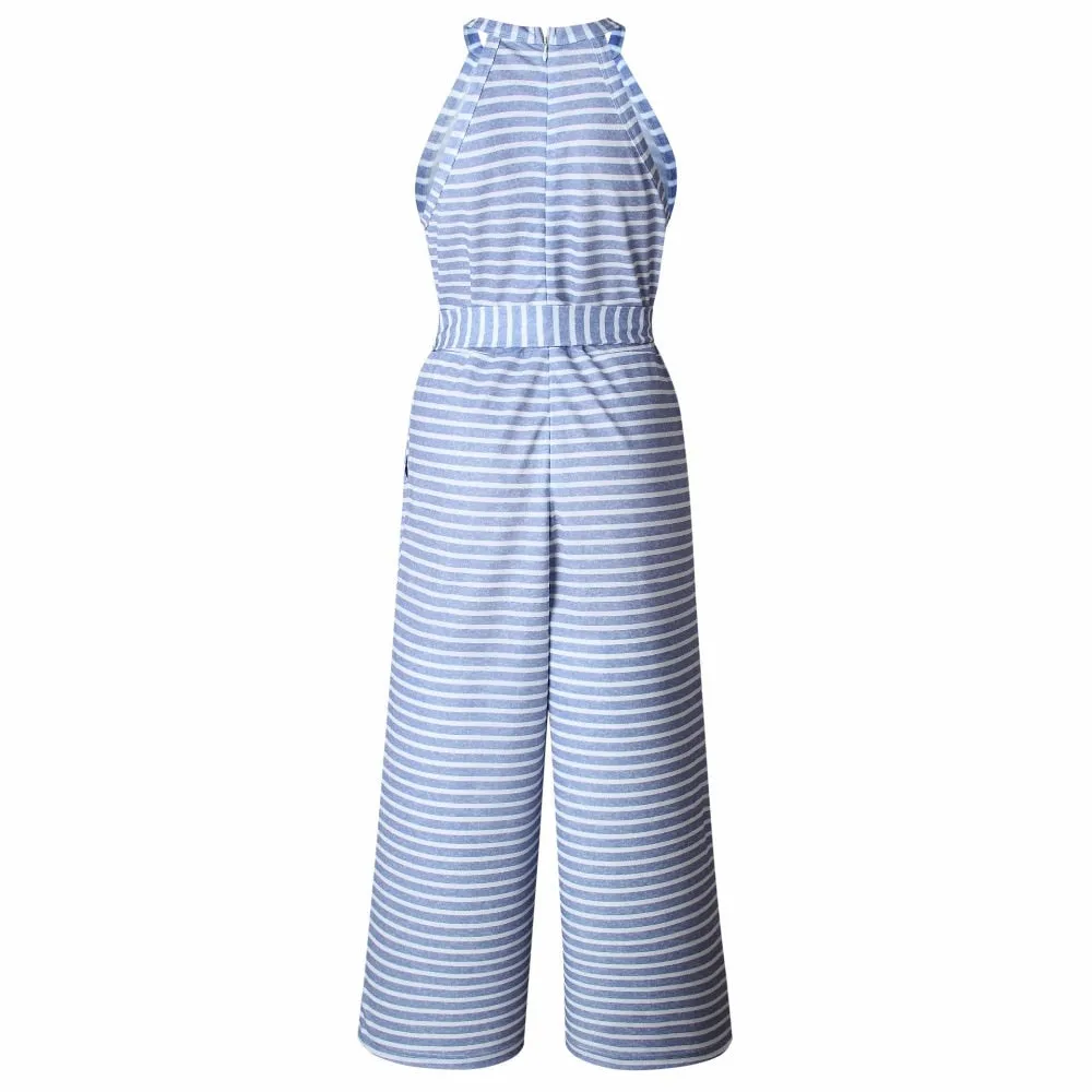 Jumpsuits for Women, Striped, Summer O-neck Bowknot Pants, Playsuit, Sashes, Pockets Sleeveless Rompers, Overalls, Sexy Office Lady