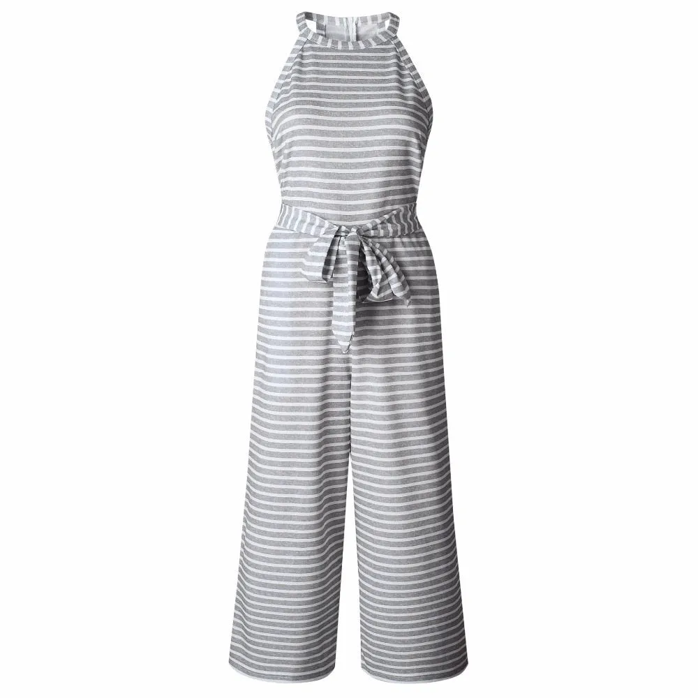 Jumpsuits for Women, Striped, Summer O-neck Bowknot Pants, Playsuit, Sashes, Pockets Sleeveless Rompers, Overalls, Sexy Office Lady