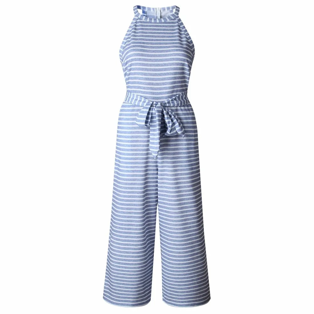Jumpsuits for Women, Striped, Summer O-neck Bowknot Pants, Playsuit, Sashes, Pockets Sleeveless Rompers, Overalls, Sexy Office Lady