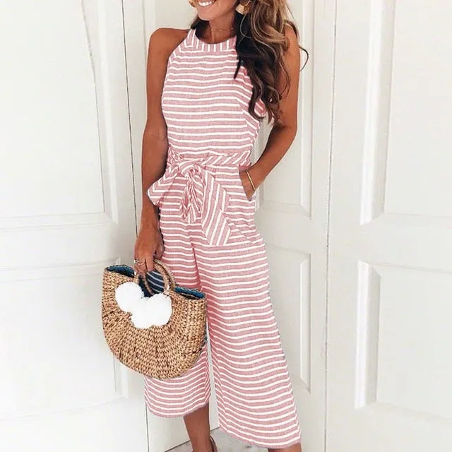 Jumpsuits for Women, Striped, Summer O-neck Bowknot Pants, Playsuit, Sashes, Pockets Sleeveless Rompers, Overalls, Sexy Office Lady