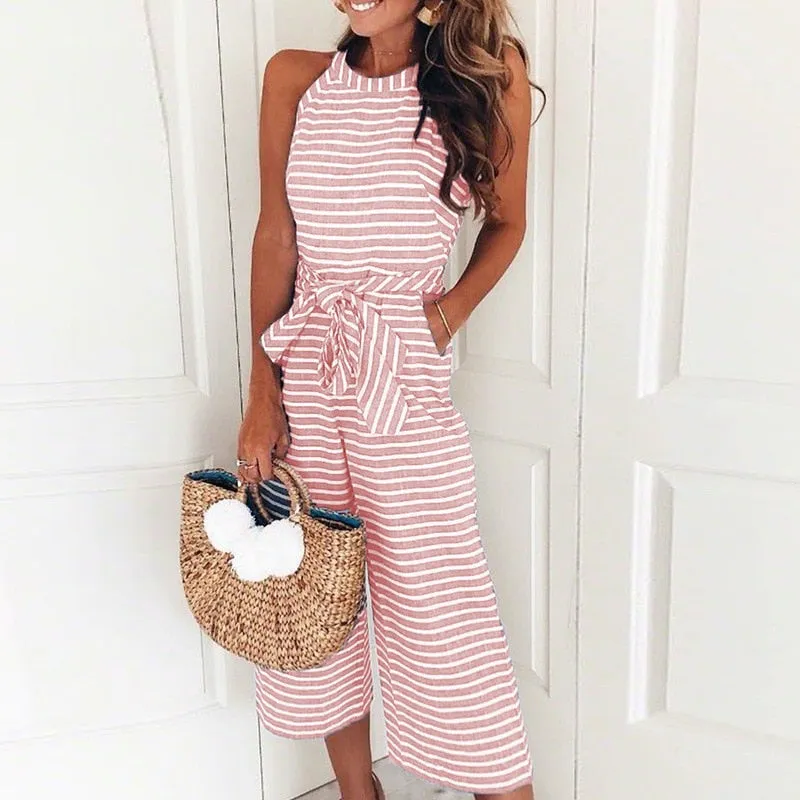 Jumpsuits for Women, Striped, Summer O-neck Bowknot Pants, Playsuit, Sashes, Pockets Sleeveless Rompers, Overalls, Sexy Office Lady