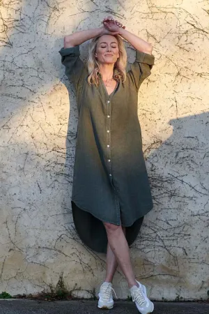 Linen Shirt Dress - Khaki - SM