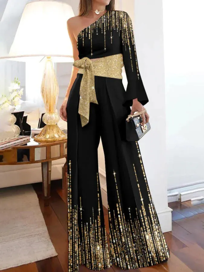 Long Sleeves Loose Printed Shiny Tied Waist One-Shoulder Jumpsuits Bottoms L 139816
