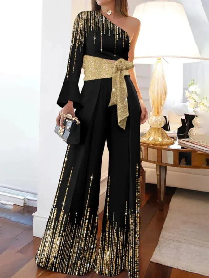 Long Sleeves Loose Printed Shiny Tied Waist One-Shoulder Jumpsuits Bottoms L 139816