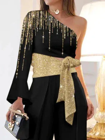 Long Sleeves Loose Printed Shiny Tied Waist One-Shoulder Jumpsuits Bottoms L 139816