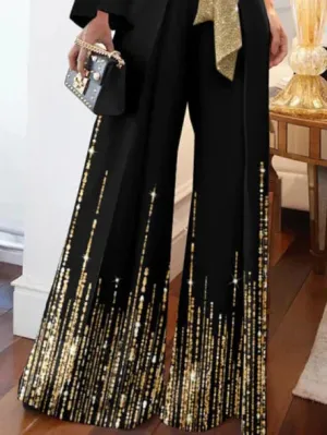 Long Sleeves Loose Printed Shiny Tied Waist One-Shoulder Jumpsuits Bottoms L 139816