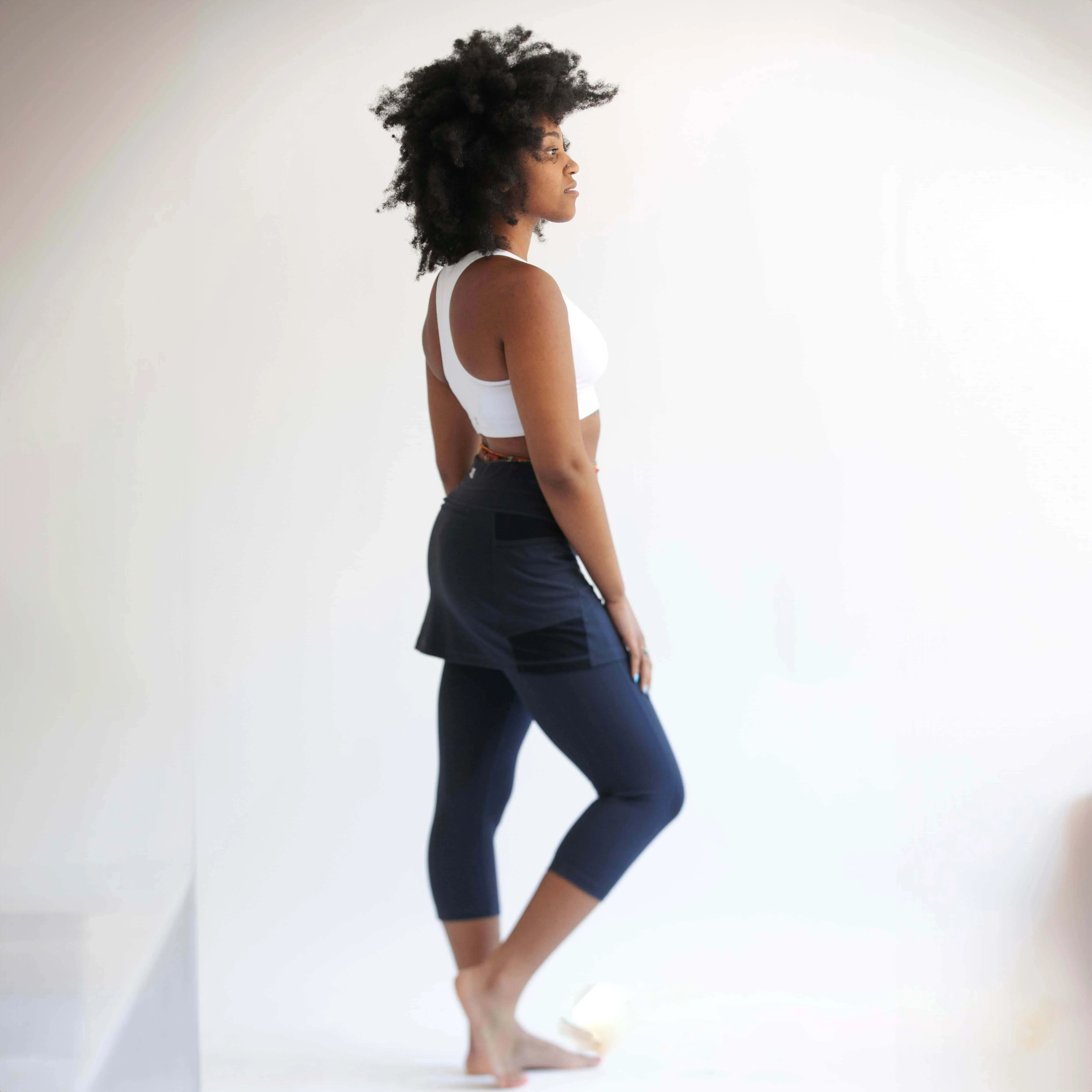 Midnight Dark Blue Skirted Capris Leggings with Pockets