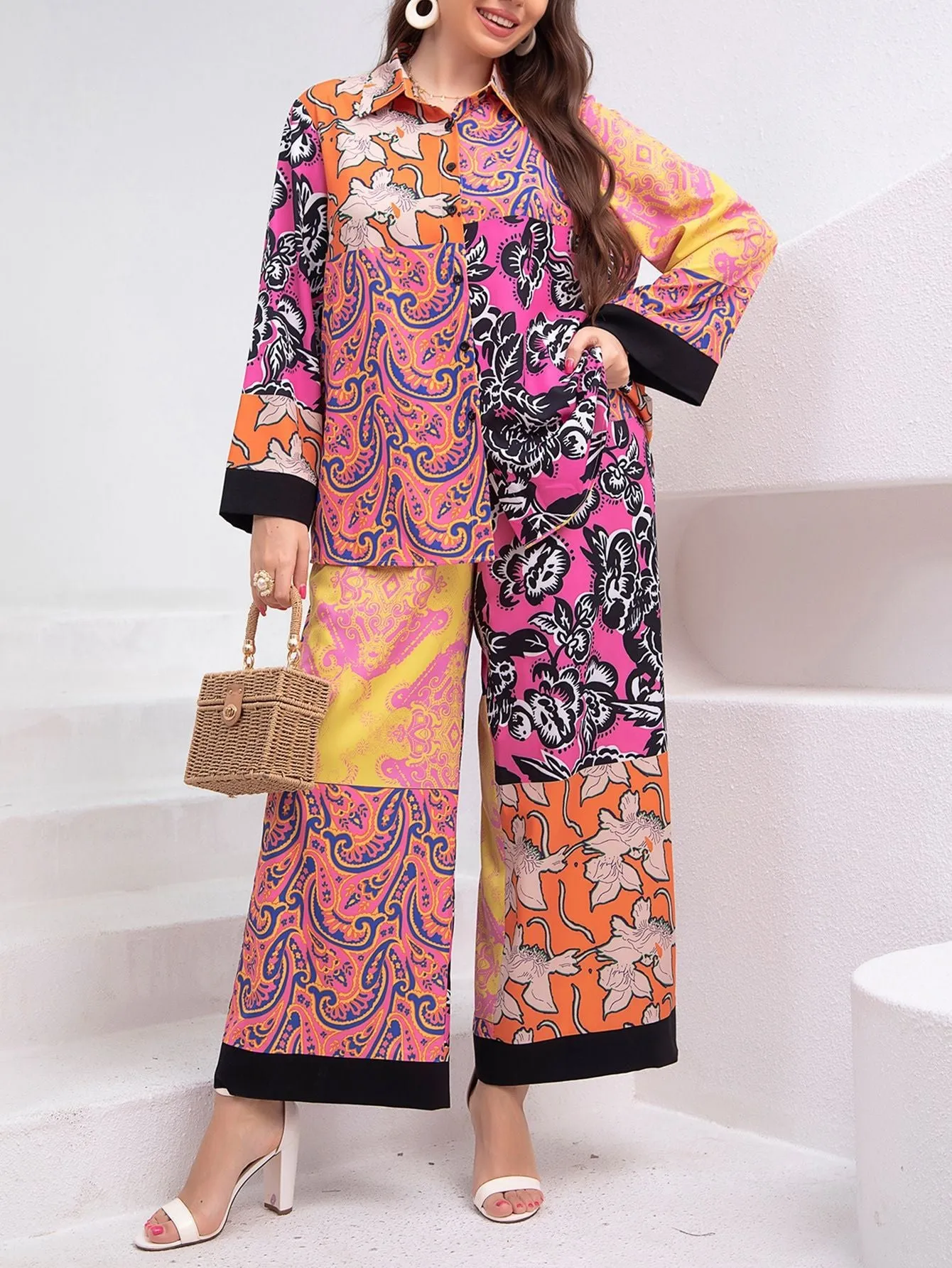 Plus Size Loose Retro Colorful Shirt Collar Office Artistic Middle East Lace Shirt Outfit Women