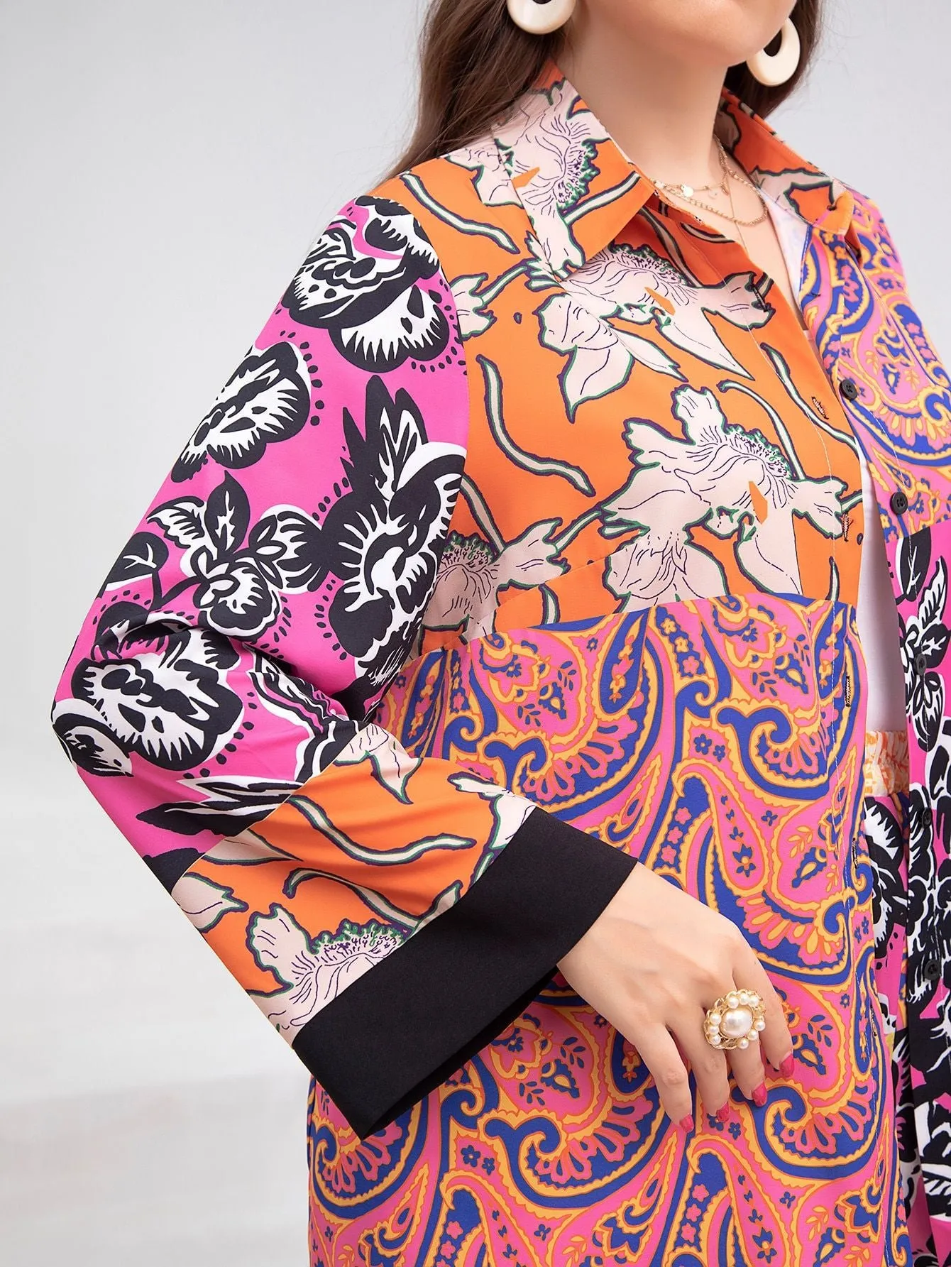 Plus Size Loose Retro Colorful Shirt Collar Office Artistic Middle East Lace Shirt Outfit Women