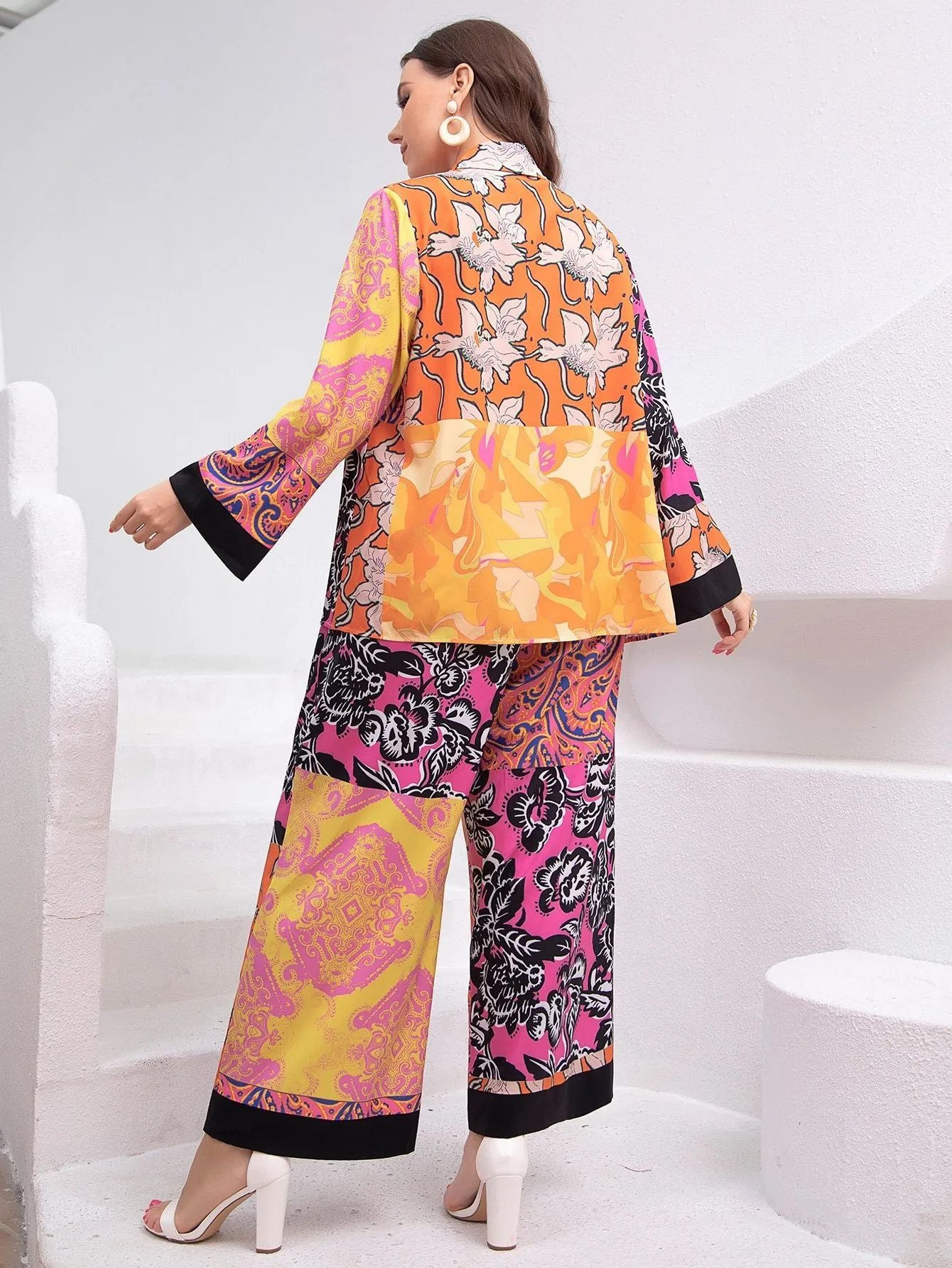 Plus Size Loose Retro Colorful Shirt Collar Office Artistic Middle East Lace Shirt Outfit Women