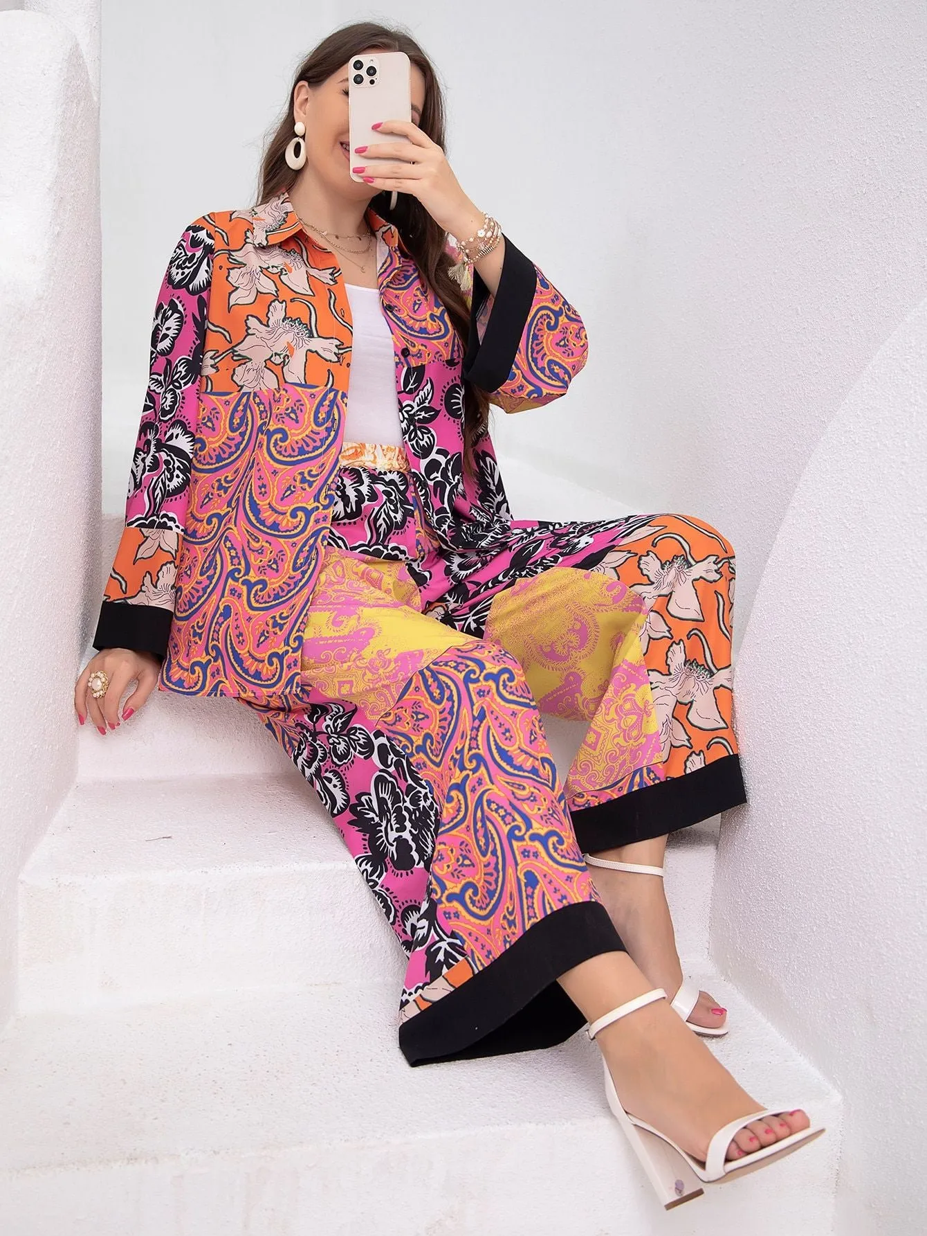 Plus Size Loose Retro Colorful Shirt Collar Office Artistic Middle East Lace Shirt Outfit Women