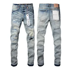 Purple Blue Ripped High Street Men's Straight Jeans for Daily Wear