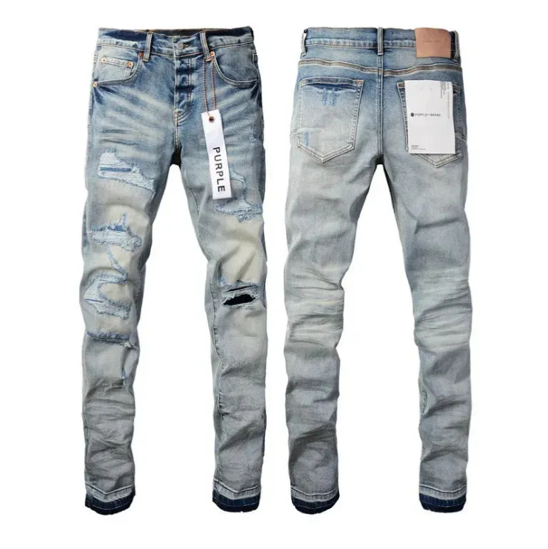 Purple Blue Ripped High Street Men's Straight Jeans for Daily Wear