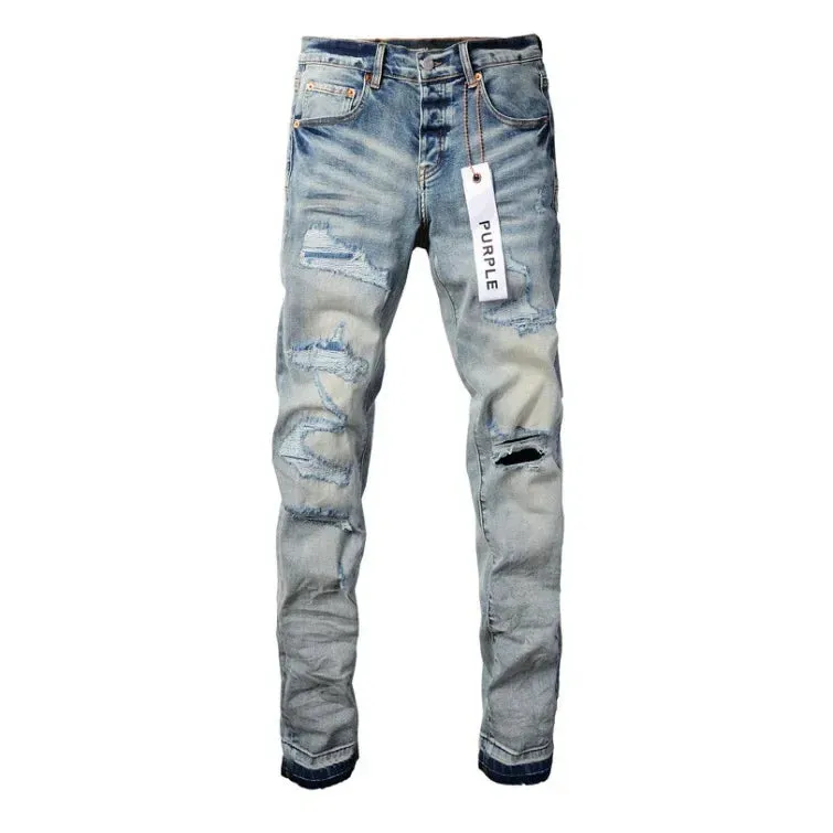 Purple Blue Ripped High Street Men's Straight Jeans for Daily Wear