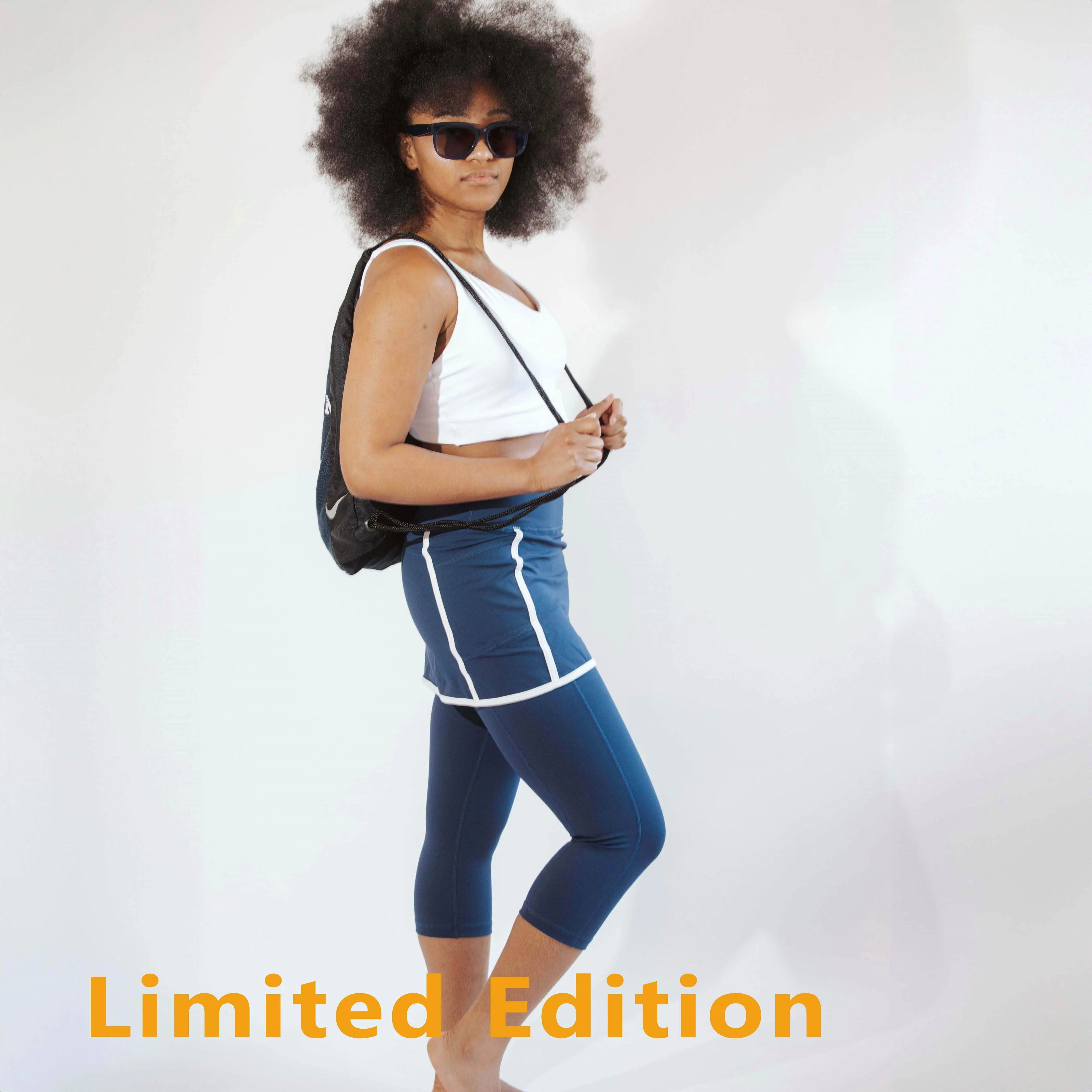 Retro Navy Blue Skirted Capris Leggings with White Piping