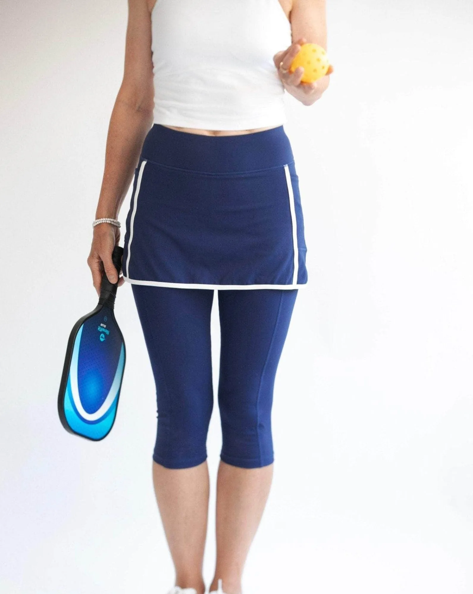 Retro Navy Blue Skirted Capris Leggings with White Piping