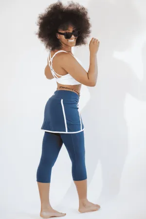 Retro Navy Blue Skirted Capris Leggings with White Piping